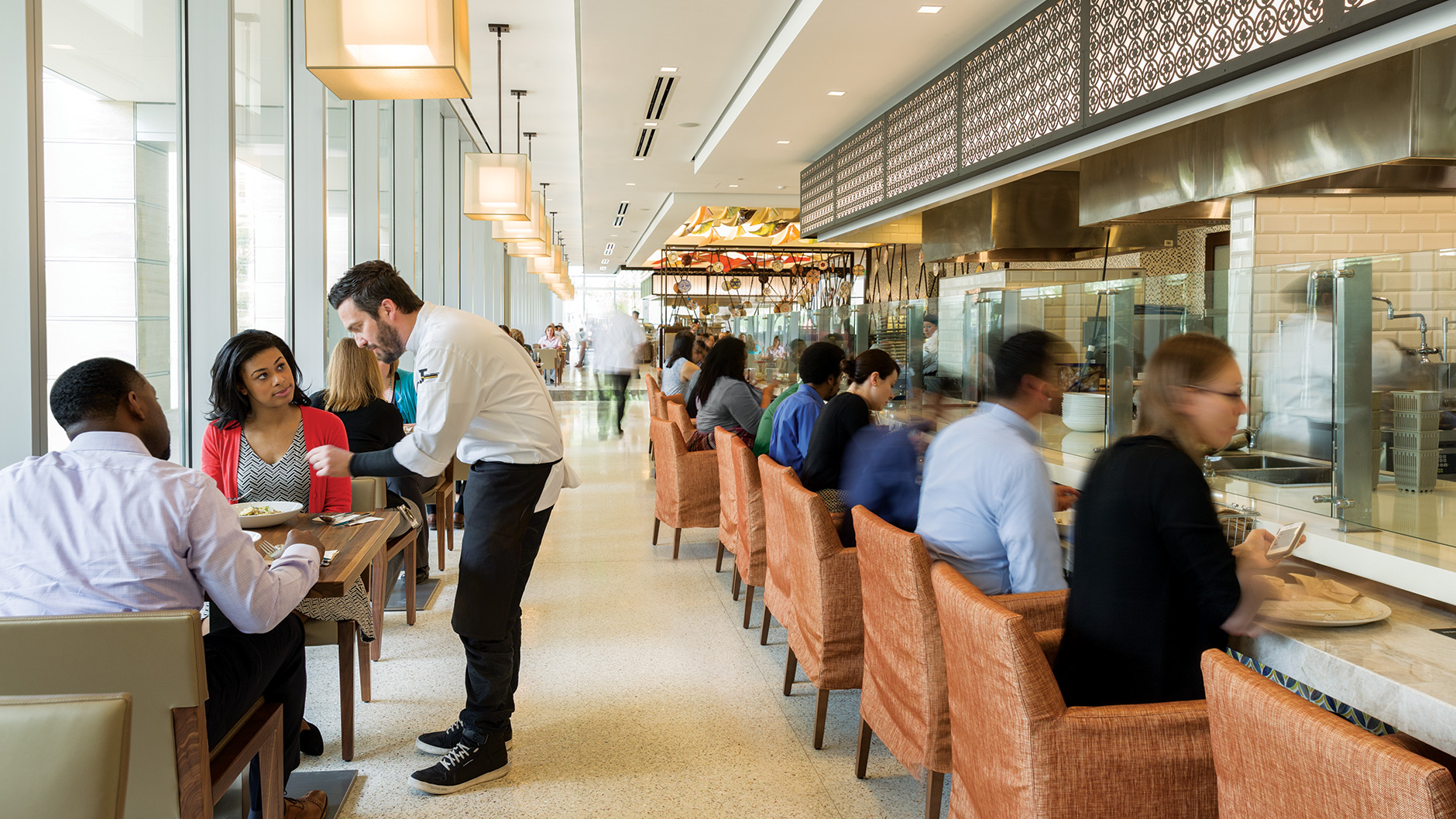 Interior photo of the Houston Campus dining hall.